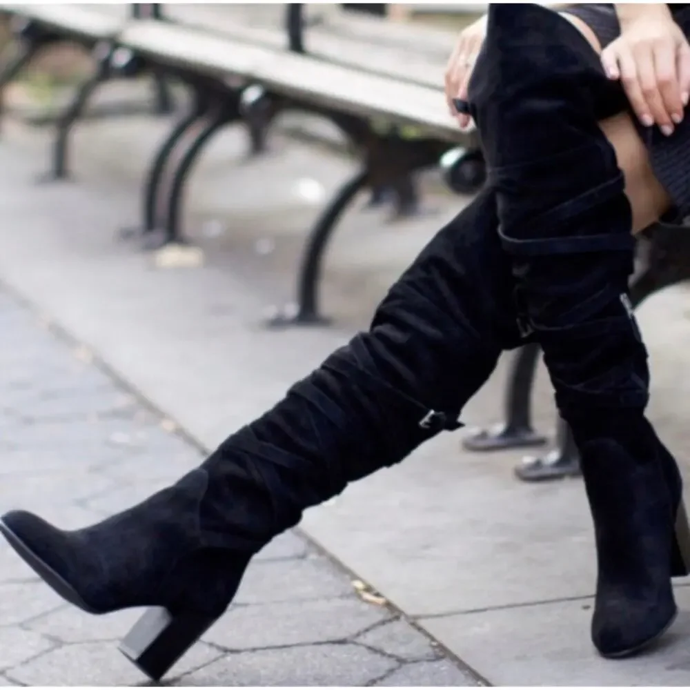 Sam Edelman Sable Black Over-The-Knee Boot Sz 9.5 Suede Heeled Adjustable Straps